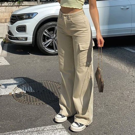 High Waist Pocket Straight-Fit Wide-Leg Cargo Pants