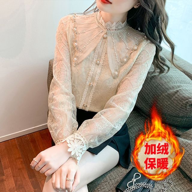 Mock-Neck Pearl-Accent Lace-Trim Chiffon Blouse