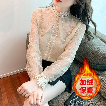 Mock-Neck Pearl-Accent Lace-Trim Chiffon Blouse
