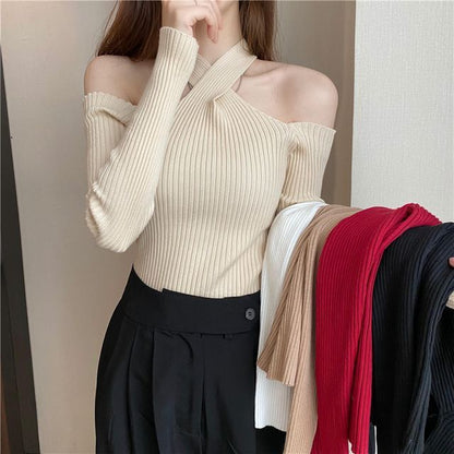 Long-Sleeve Cold-Shoulder Top Plain Halter Knit