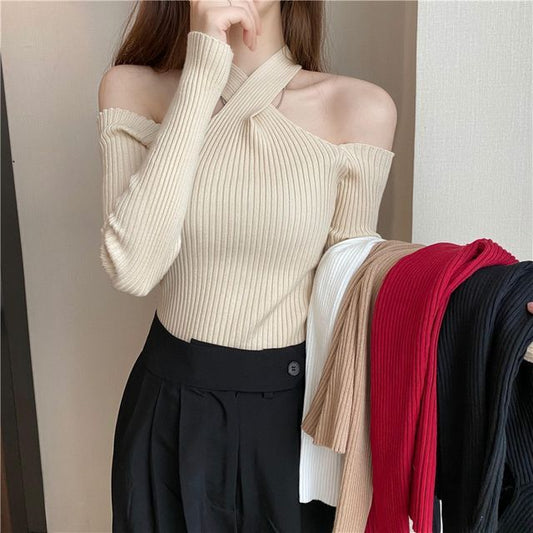 Long-Sleeve Cold-Shoulder Top Plain Halter Knit