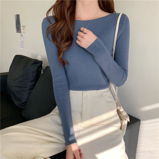 Long-Sleeve Top Plain Slim-Fit Knit