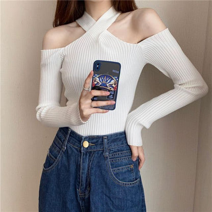 Long-Sleeve Cold-Shoulder Top Plain Halter Knit