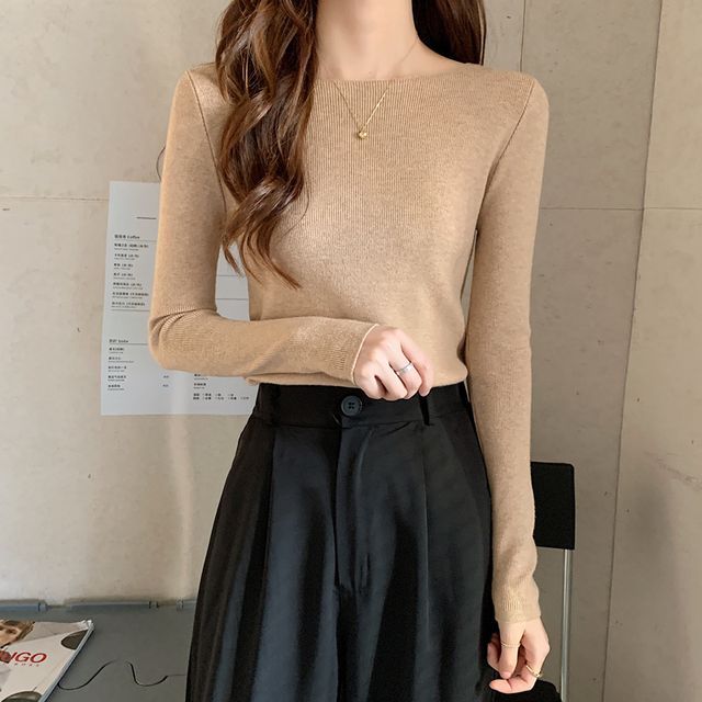 Long-Sleeve Top Plain Slim-Fit Knit