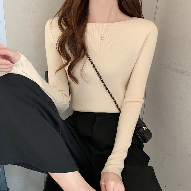 Long-Sleeve Top Plain Slim-Fit Knit
