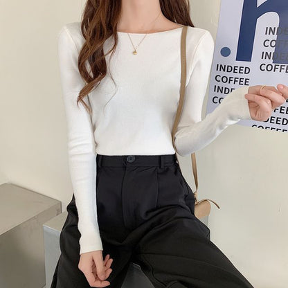 Long-Sleeve Top Plain Slim-Fit Knit