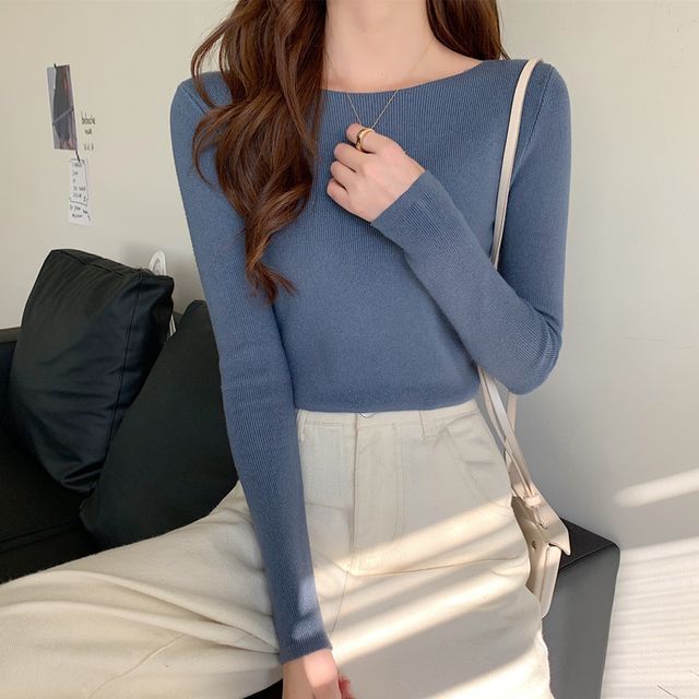 Long-Sleeve Top Plain Slim-Fit Knit