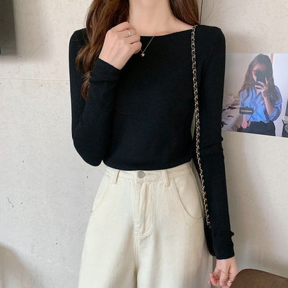 Long-Sleeve Top Plain Slim-Fit Knit