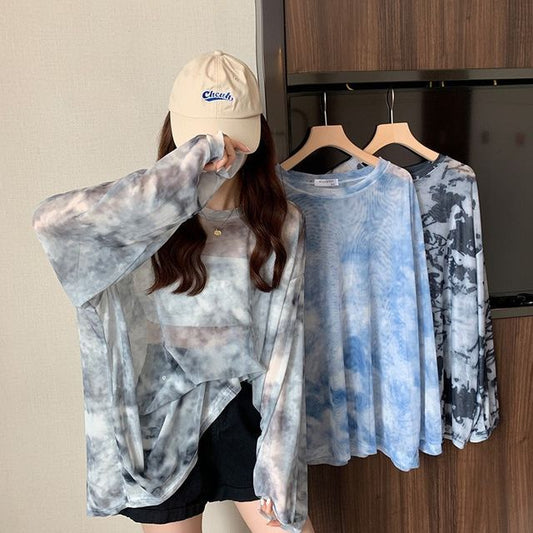 Long-Sleeve Crew Neck Tie Dye Mesh Oversized Tee
