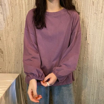 Long-Sleeve Round Neck Plain Oversized T-Shirt