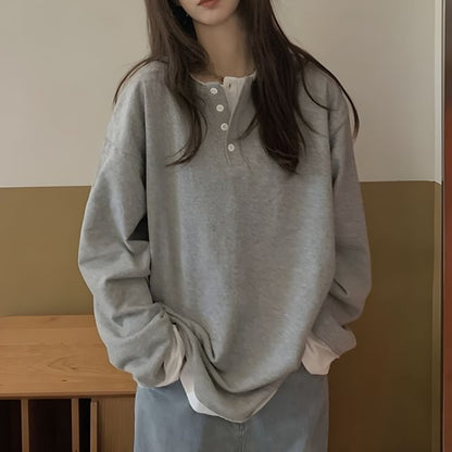 Long-Sleeve Mock Two-Piece Henley T-Shirt