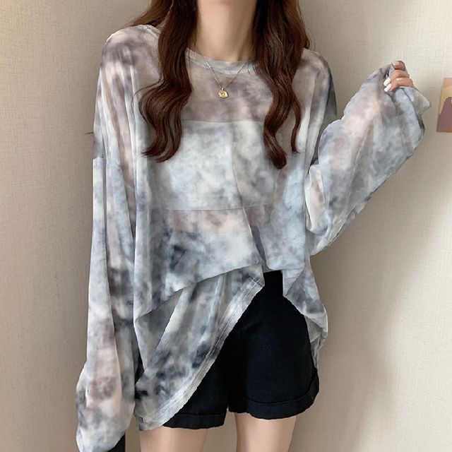 Long-Sleeve Crew Neck Tie Dye Mesh Oversized Tee