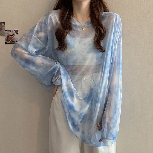 Long-Sleeve Crew Neck Tie Dye Mesh Oversized Tee