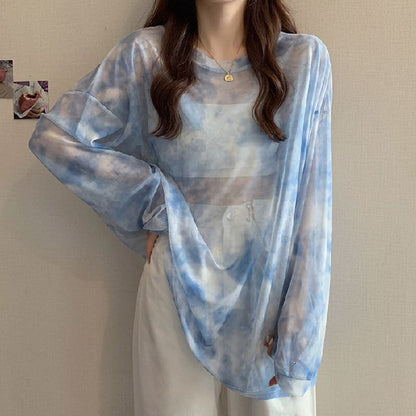 Long-Sleeve Crew Neck Tie Dye Mesh Oversized Tee