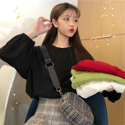 Long-Sleeve Round Neck Plain Oversized T-Shirt