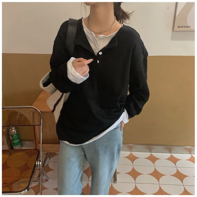 Long-Sleeve Mock Two-Piece Henley T-Shirt