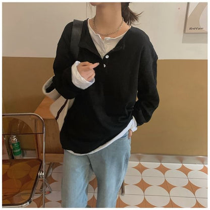 Long-Sleeve Mock Two-Piece Henley T-Shirt