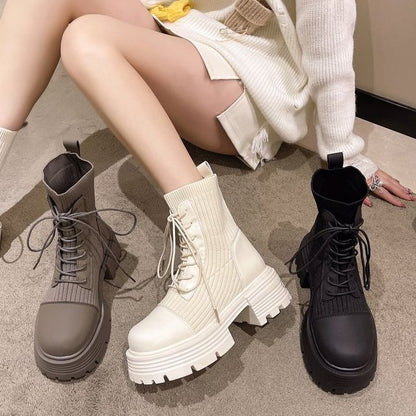 Platform Leather Panel Short Lace-Up Knit Faux Boots