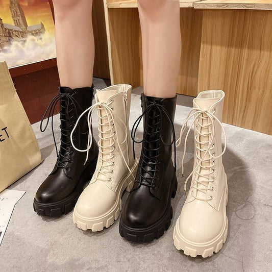 Platform Lace-Up Short Faux Boots Leather