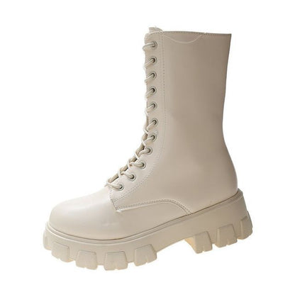 Platform Lace-Up Short Faux Boots Leather