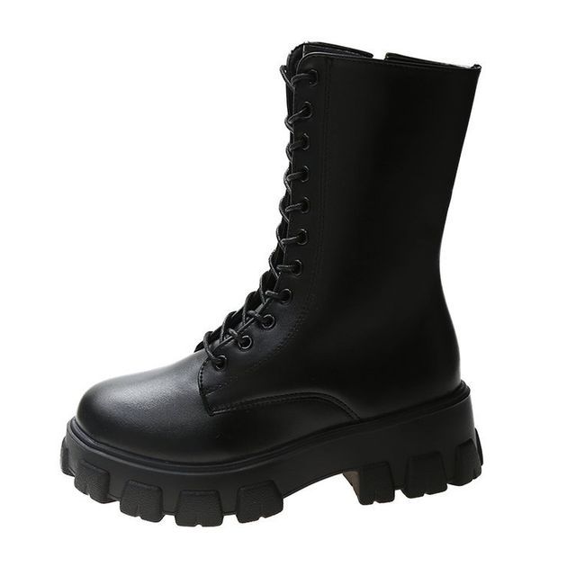 Platform Lace-Up Short Faux Boots Leather