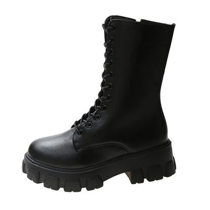 Platform Lace-Up Short Faux Boots Leather