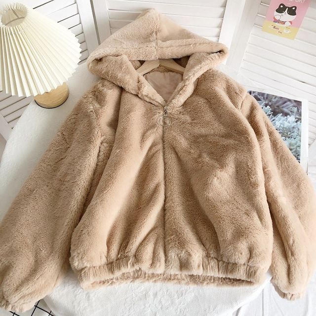 Plain Fluffy Hooded Zip Jacket