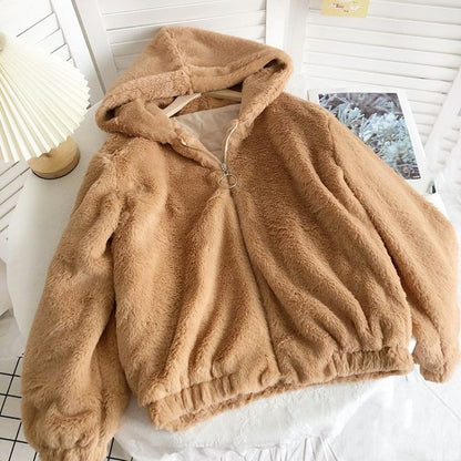 Plain Fluffy Hooded Zip Jacket