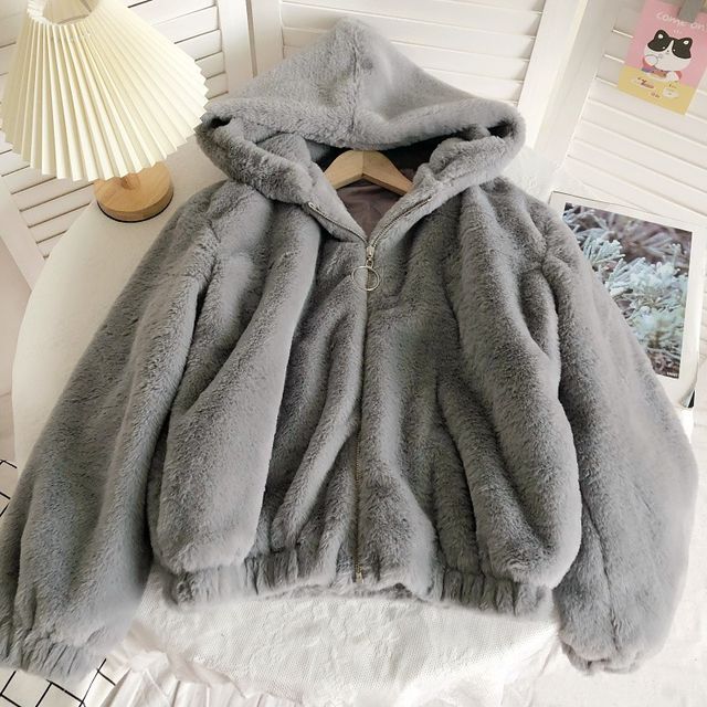 Plain Fluffy Hooded Zip Jacket