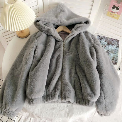 Plain Fluffy Hooded Zip Jacket