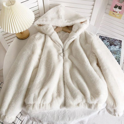 Plain Fluffy Hooded Zip Jacket