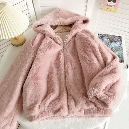 Plain Fluffy Hooded Zip Jacket