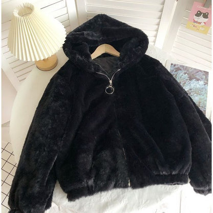Plain Fluffy Hooded Zip Jacket