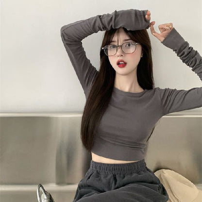 Long-Sleeve Round Neck Plain Crop Slim Fit Tee