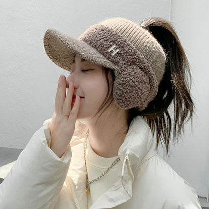 Lettering Faux Shearling Panel Knit Visor Hat