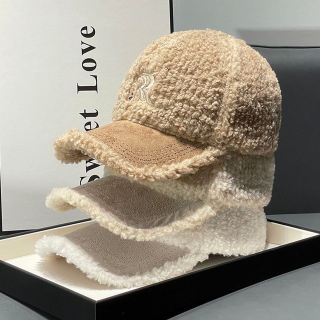Letter Embroidered Faux Shearling Cap