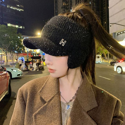 Lettering Faux Shearling Panel Knit Visor Hat