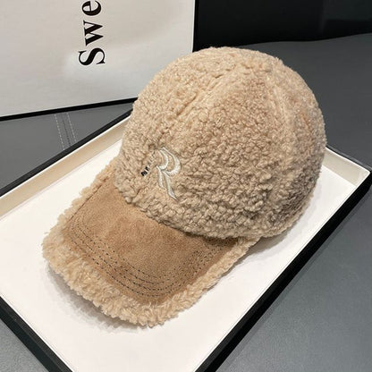 Letter Embroidered Faux Shearling Cap
