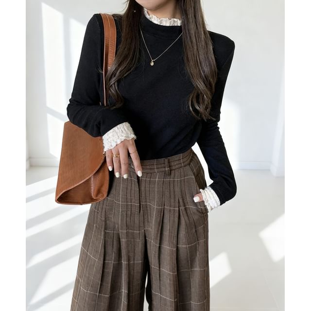 Fleece-Lined Mock-Neck Lace-Trim Long-Sleeve Top