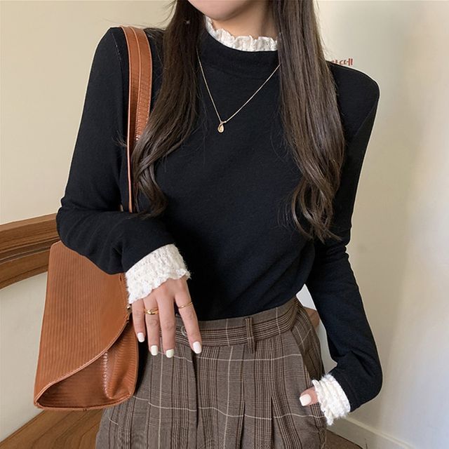 Fleece-Lined Mock-Neck Lace-Trim Long-Sleeve Top