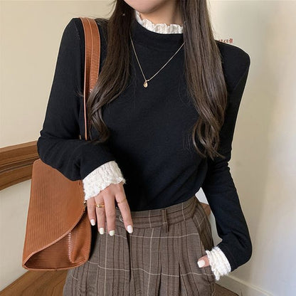 Fleece-Lined Mock-Neck Lace-Trim Long-Sleeve Top