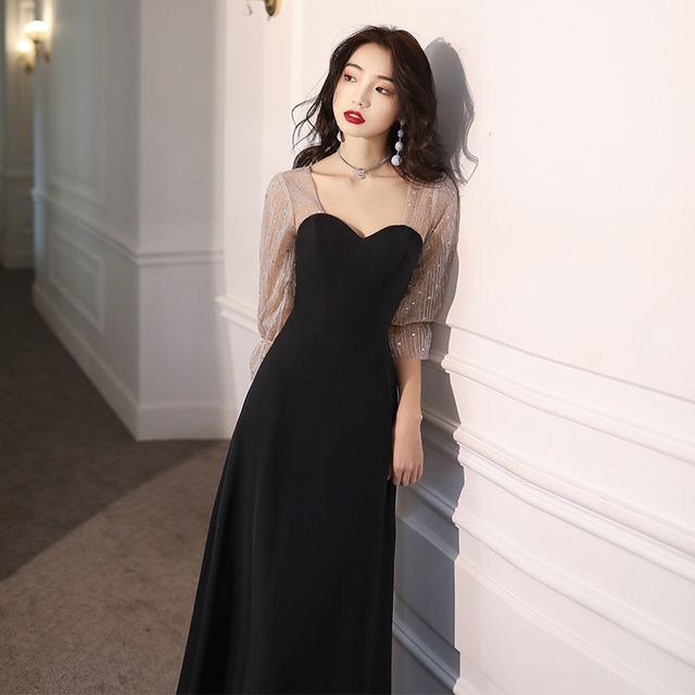 A-Line Dress / Neck Sequin Sweetheart Cocktail Gown Panel Evening Mesh 3/4-Sleeve