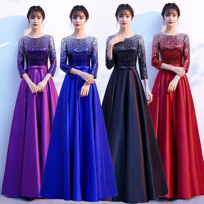 Gown Satin Neck 3/4-Sleeve Plain Evening Sequin A-Line Round