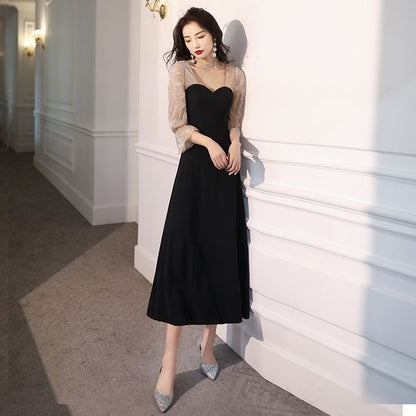 3/4-Sleeve Sweetheart Neck Sequin Panel Mesh A-Line Evening Gown / Cocktail Dress