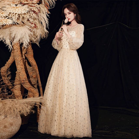 Plain Sequin Gown Evening Mesh A-Line