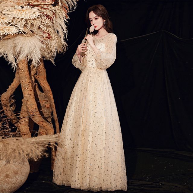 Plain Sequin Mesh A-Line Evening Gown