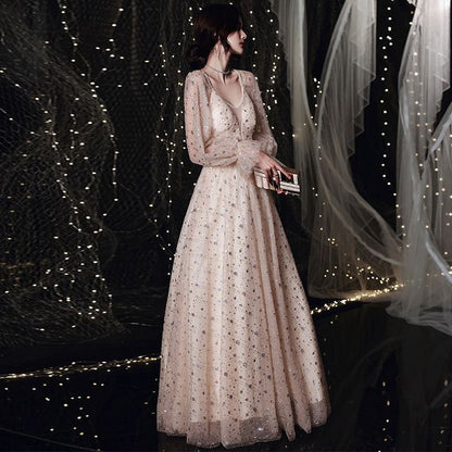 Plain Sequin Gown Evening Mesh A-Line