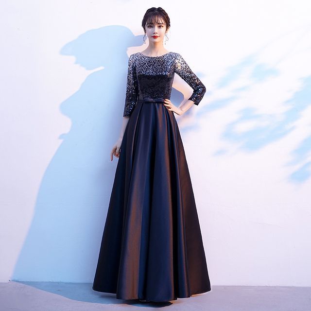 Gown Satin Neck 3/4-Sleeve Plain Evening Sequin A-Line Round