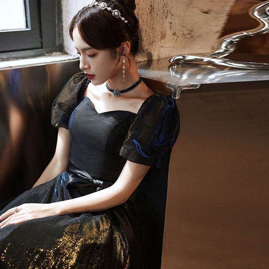 Puff Evening Dress Cocktail Sleeve Mesh Gown A-Line /