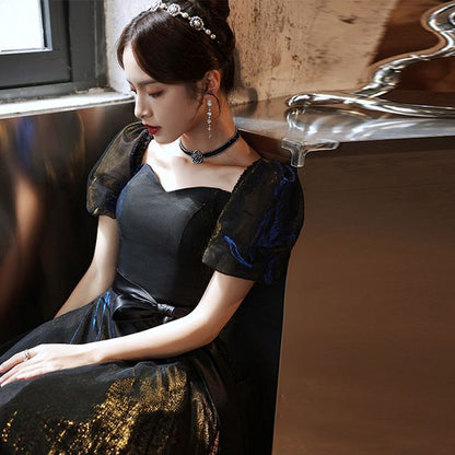 Puff Sleeve Mesh A-Line Evening Gown / Cocktail Dress